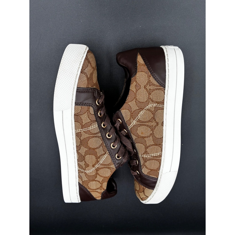 Coach Paddy Womens Signature Monogram Canvas Sneakers Khaki Mahogany Brown 9B - Picture 8 of 12